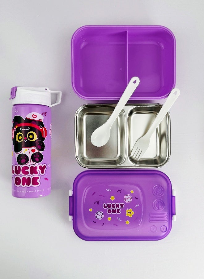 توشيونيكس علبة غداء من الستانلس ستيل – سعة 1.02 لتر – بحجرتين، ملعقة، شوكة، زجاجة مع مصاصة، آمنة للميكروويف، مانعة للتسرب، خالية من BPA – تصميم كرتوني للأطفال – مثالية للمدرسة، الحضانة، والهدايا – 17 × 12 × 5 سم - Image 2