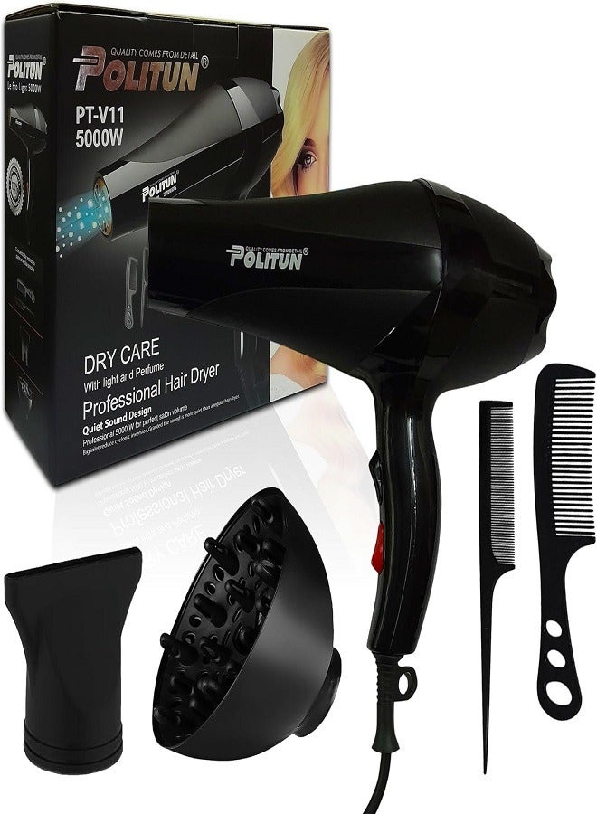 Hair Dryer 5000 Watts Fast Drying, Quiet Design Customizable Settings Overheat Protection PT-V11