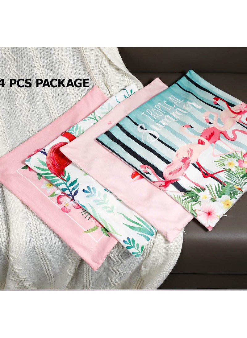 Excefore 4 Pcs Flamingo Throw Pillow Covers, 18 X 18 Inch Decorative Pink Bird Pillowcases Tropical Leaves Cushion Covers for Sofa Couch Summer Holiday Home Decor (Sets A)  - Image 3