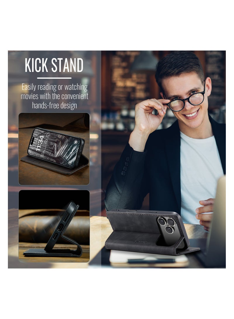 CaseMe Phone Case Luxury PU Leather Design 013 Flip Cover Card Slot Holder Cover For IPhone 17 Pro Max (Black ) - Image 2