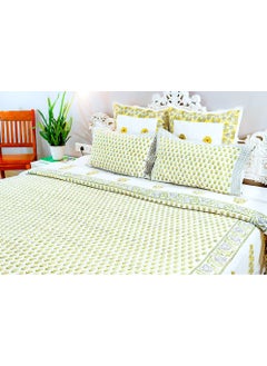 OJARIYA King Size White And Yellow Organic Colored Hand Stamped on Premium Cotton Flat Sheet (with 250 TC) and Pillow Covers  - Image 2