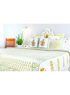 OJARIYA King Size White And Yellow Organic Colored Hand Stamped on Premium Cotton Flat Sheet (with 250 TC) and Pillow Covers  - Image 5