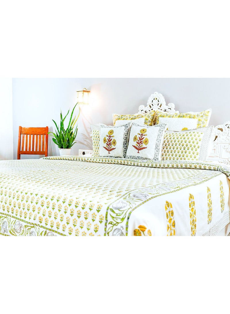 OJARIYA King Size White And Yellow Organic Colored Hand Stamped on Premium Cotton Flat Sheet (with 250 TC) and Pillow Covers  - Image 5
