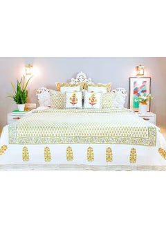OJARIYA King Size White And Yellow Organic Colored Hand Stamped on Premium Cotton Flat Sheet (with 250 TC) and Pillow Covers  - Image 4