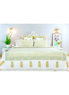 OJARIYA King Size White And Yellow Organic Colored Hand Stamped on Premium Cotton Flat Sheet (with 250 TC) and Pillow Covers  - Image 1