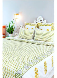 OJARIYA King Size White And Yellow Organic Colored Hand Stamped on Premium Cotton Flat Sheet (with 250 TC) and Pillow Covers  - Image 3