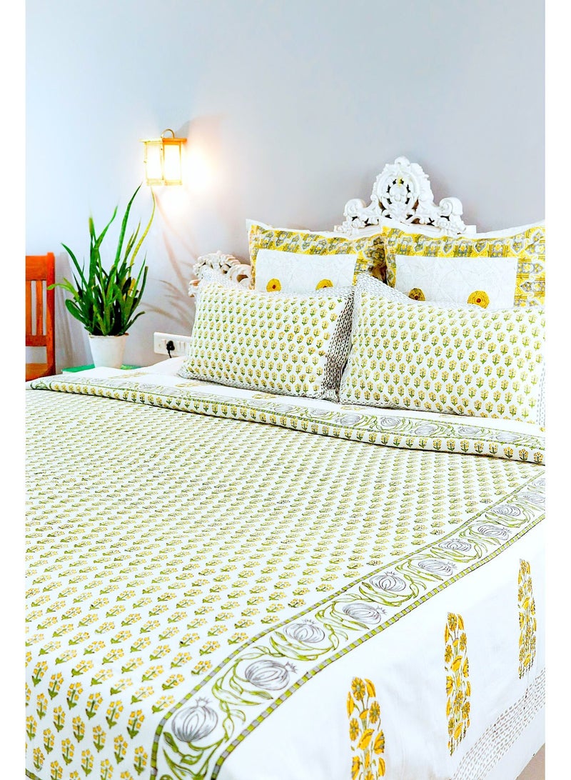 OJARIYA King Size White And Yellow Organic Colored Hand Stamped on Premium Cotton Flat Sheet (with 250 TC) and Pillow Covers  - Image 3