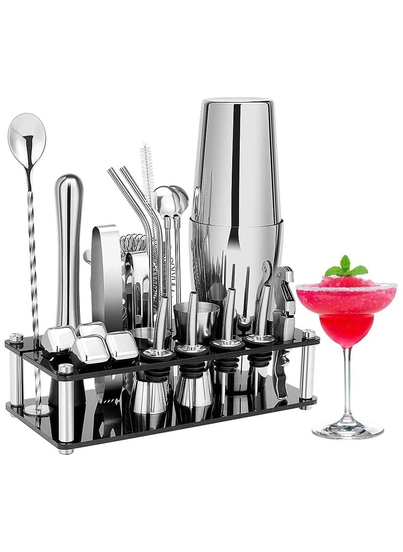 Vitacelli Cocktail shaker set: 23-Piece Bar Tool Set with Acrylic Stand Perfect Home or Bar Bartending Kit Silver/Black (700+600ML)  - Image 1