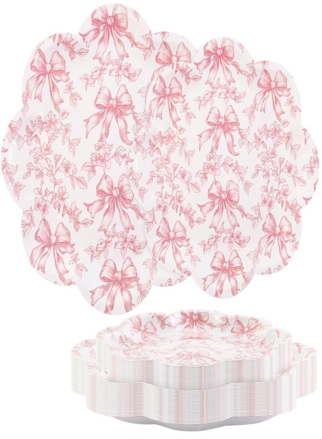 Quera 50 Pcs Pink Bow Paper Plates Coquette Party Supplies Pink Floral Scalloped Bowknot Disposable Plate 8 and 10 Inch Decorative Dinner Plate for Baby Bridal Shower Birthday Party Decoration Favors - Image 1