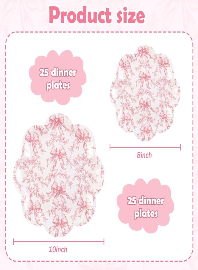 Quera 50 Pcs Pink Bow Paper Plates Coquette Party Supplies Pink Floral Scalloped Bowknot Disposable Plate 8 and 10 Inch Decorative Dinner Plate for Baby Bridal Shower Birthday Party Decoration Favors - Image 2