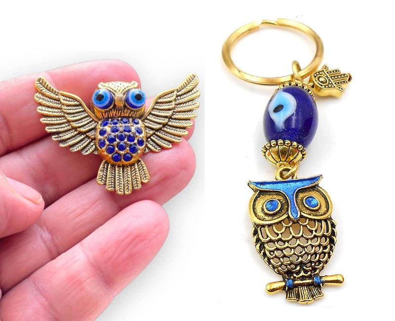BLUE BEADS Gold Flying Owl Turkish Evil Eye Keychain with Fridge Refrigerator Sticker Magnet - Sign of Good Luck & Protection Unique Souvenir Items Home and Office Decorative Things & Car Accessories - Image 1