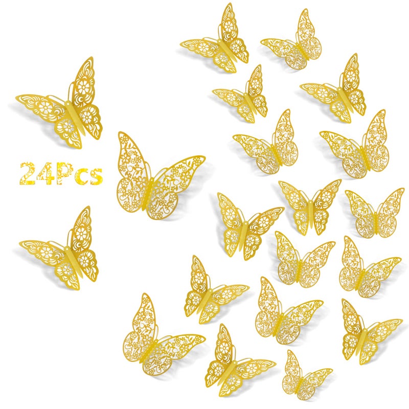 SAOROPEB 3D Wall Decor 24pcs 3 Sizes 2 Styles Gold Butterfly Decorations Removable Stickers for Room Decor Party Balloon Addition Cake Decoration Flower Arrangements
