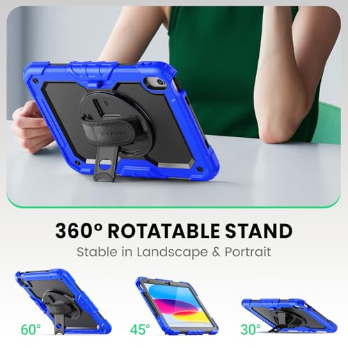 SEYMAC Case for iPad (A16) 11th/10th Generation 2025/2022 (11″/10.9″), Sturdy Heavy Duty Full-Body Shockproof Protective Case with Screen Protector, Rotating Stand, Hand/Shoulder Strap, Black/Blue - Image 4