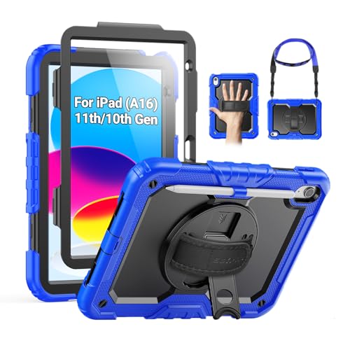 SEYMAC Case for iPad (A16) 11th/10th Generation 2025/2022 (11″/10.9″), Sturdy Heavy Duty Full-Body Shockproof Protective Case with Screen Protector, Rotating Stand, Hand/Shoulder Strap, Black/Blue - Image 1