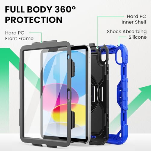 SEYMAC Case for iPad (A16) 11th/10th Generation 2025/2022 (11″/10.9″), Sturdy Heavy Duty Full-Body Shockproof Protective Case with Screen Protector, Rotating Stand, Hand/Shoulder Strap, Black/Blue - Image 5
