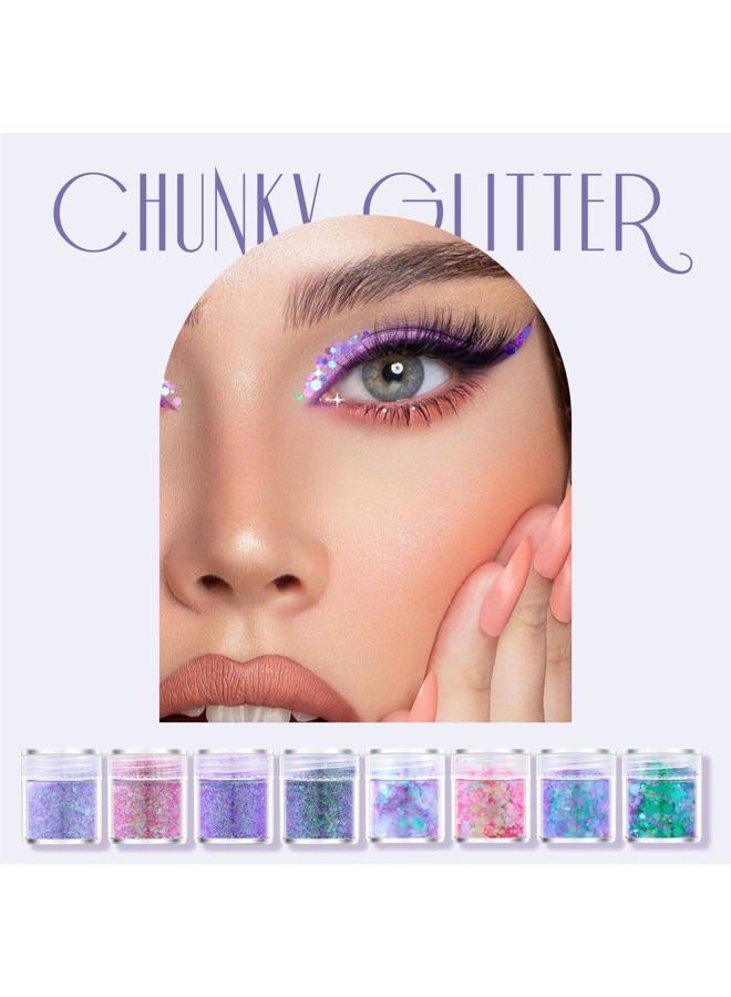 GABOX 8 Jars Mermaid Purple Cosmetic Chunky Glitter Set, Holographic Nail Resin Glitter, Fine Powder+1mm+2mm+3mm Sequins Flakes, Iridescent Art Glitter Set for Body Face Eyes Hair Crafts - Image 4