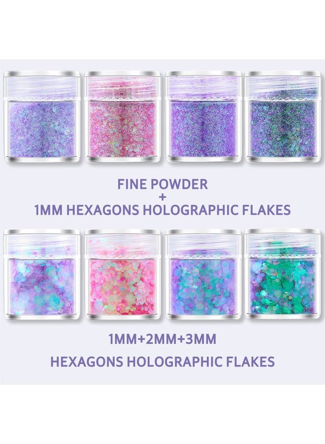 GABOX 8 Jars Mermaid Purple Cosmetic Chunky Glitter Set, Holographic Nail Resin Glitter, Fine Powder+1mm+2mm+3mm Sequins Flakes, Iridescent Art Glitter Set for Body Face Eyes Hair Crafts - Image 2