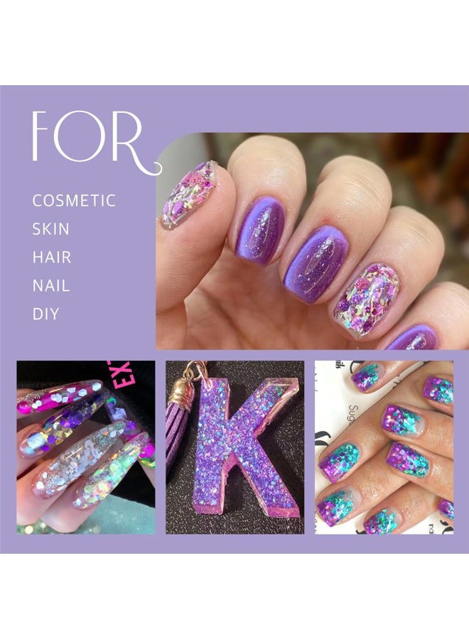GABOX 8 Jars Mermaid Purple Cosmetic Chunky Glitter Set, Holographic Nail Resin Glitter, Fine Powder+1mm+2mm+3mm Sequins Flakes, Iridescent Art Glitter Set for Body Face Eyes Hair Crafts - Image 5
