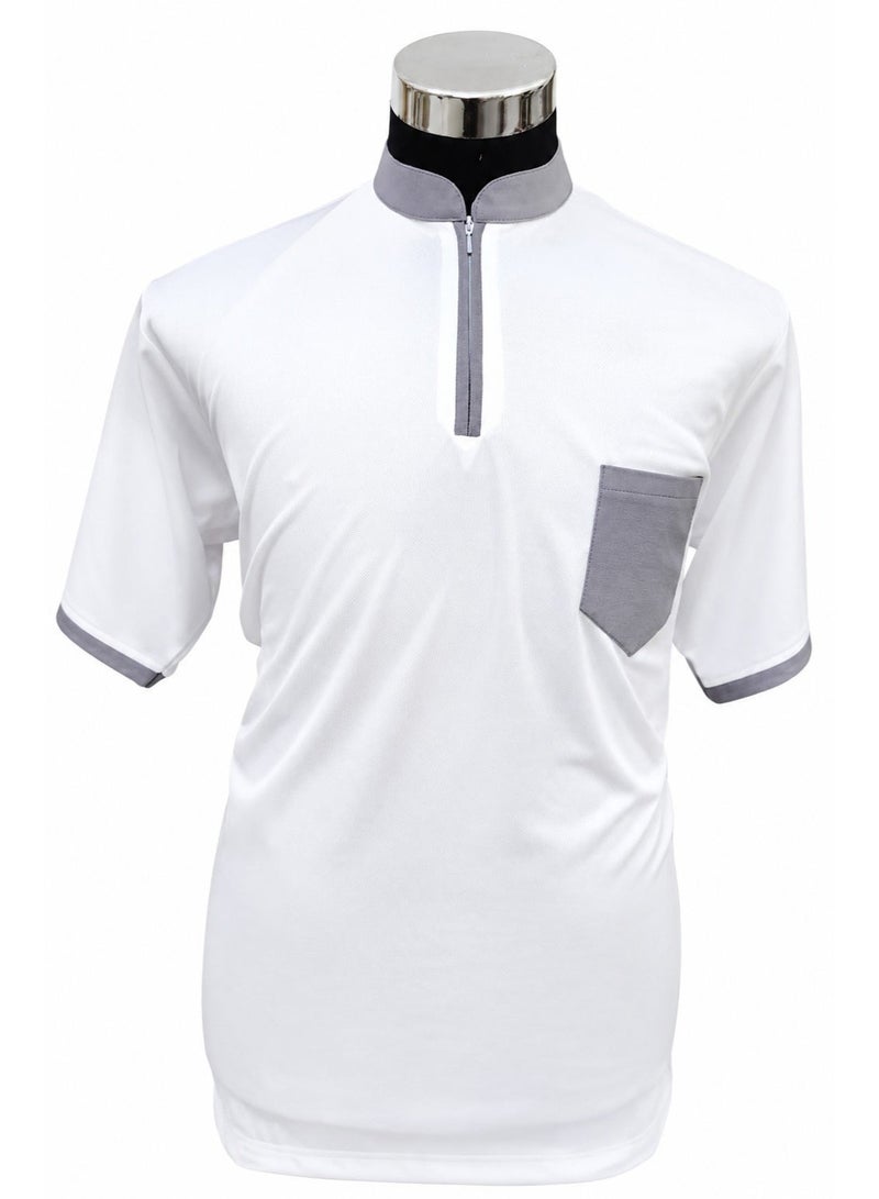 Dar al Fakhar Tailoring LLC T-shirt with grey chinese collar and zip pattern - Image 1
