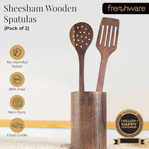 Frenchware (Set of 2, Brown) Pure Sheesham Wood Spoons and Spatula for Non Stick Cookware Used for Cooking, Baking & Mixing, Seamless Design - Image 2