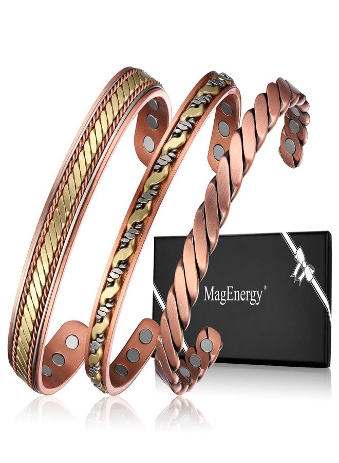 MagEnergy Copper Bracelets for Women Men, Set of 3 Pcs, Magnetic Therapy, Handmade 99% Copper Cuff Bracelet, Jewelry Gift Box - Image 1