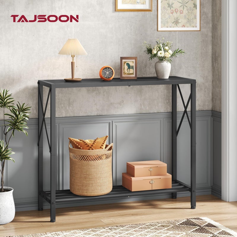 Tajsoon طاولة مدخل صغيرة تاجسون، طاولة كونسول ضيقة ذات طبقتين للمدخل، طاولة ردهة صغيرة مع رفوف تخزين، طاولة أريكة رفيعة للردهة، غرفة المعيشة، الممر، المكتب، سوداء - Image 2