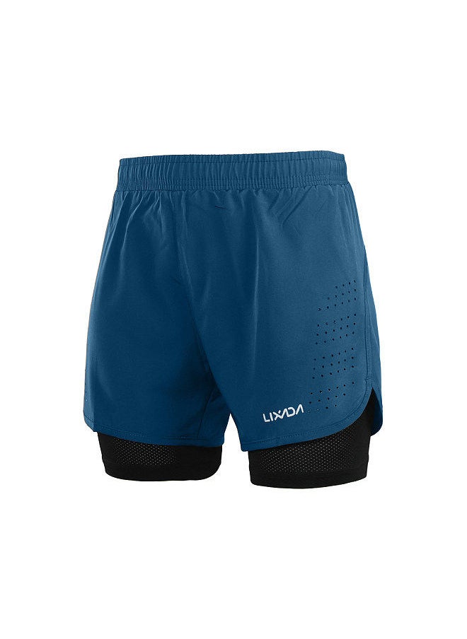 Generic - Men's 2-in-1 Running Shorts Quick Drying Breathable Active Training Exercise Jogging Cycling Shorts with Longer Liner Dark Blue Size XXL - Image 1