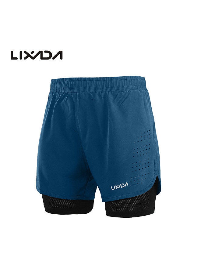 Generic - Men's 2-in-1 Running Shorts Quick Drying Breathable Active Training Exercise Jogging Cycling Shorts with Longer Liner Dark Blue Size XXL - Image 1