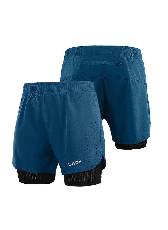 Generic - Men's 2-in-1 Running Shorts Quick Drying Breathable Active Training Exercise Jogging Cycling Shorts with Longer Liner Dark Blue Size XXL - Image 1