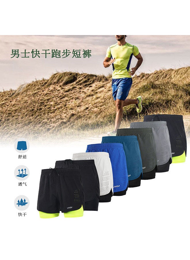 Generic - Men's 2-in-1 Running Shorts Quick Drying Breathable Active Training Exercise Jogging Cycling Shorts with Longer Liner Dark Blue Size XXL - Image 1