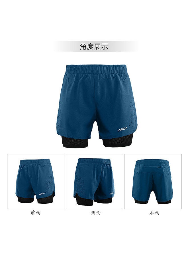 Generic - Men's 2-in-1 Running Shorts Quick Drying Breathable Active Training Exercise Jogging Cycling Shorts with Longer Liner Dark Blue Size XXL - Image 1