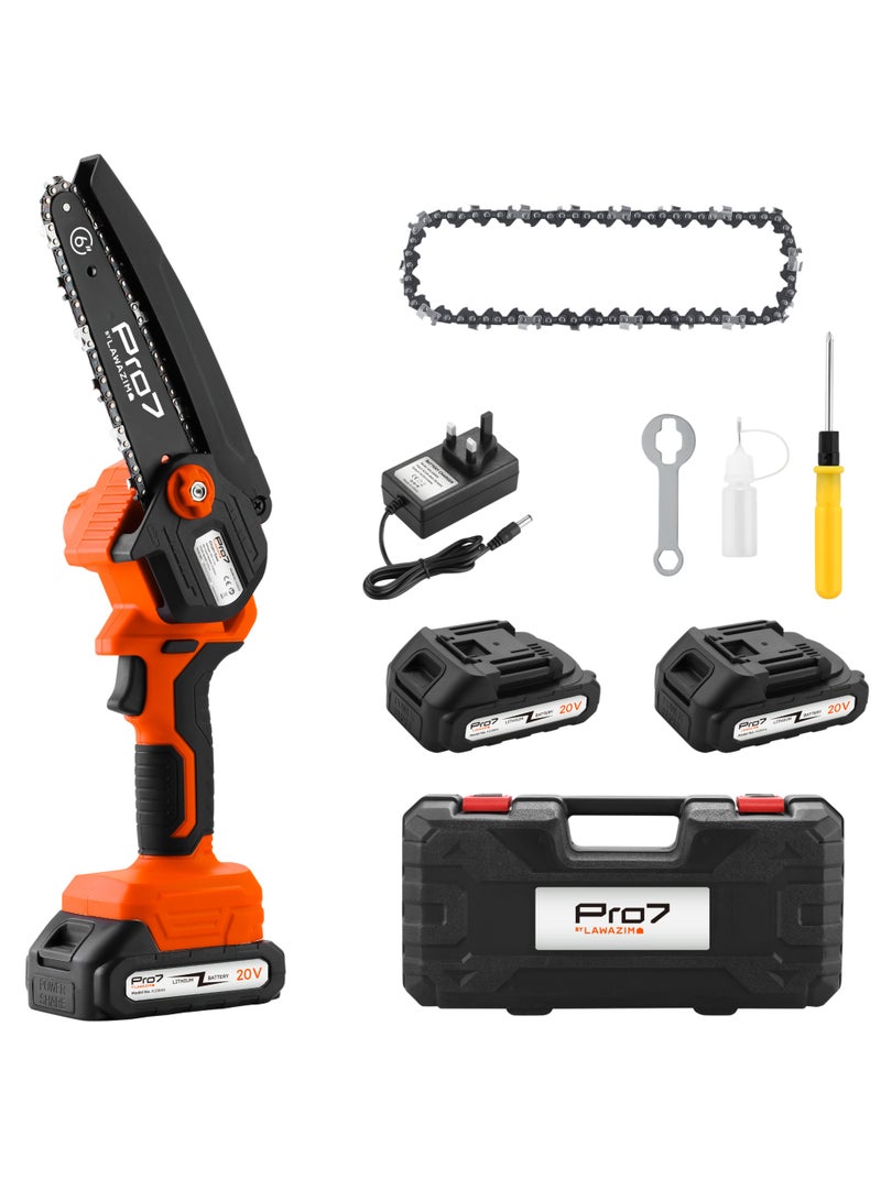 LAWAZIM Pro7 Chain Saw with 2 Piece Battery - 6inch- BS Plug Charger, Portable One-hand Cordless Mini Chainsaw, Rechargeable Wood cutting, Pruning Tree trimming - for Homeowner, DIY, Landscaping, Gardening - Image 1