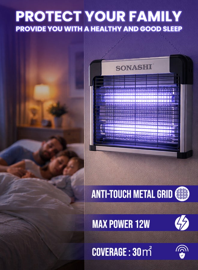 SONASHI Electric Insect Killer 12W | 2x T5 UV-A Tubes | 1800-2500V High Voltage Grid | 30m² Coverage | Removable Collection Tray | Easy Installation & Hanging Chain | 220-240V 50/60Hz SIK-712 20 W SIK-712N Black - Image 3
