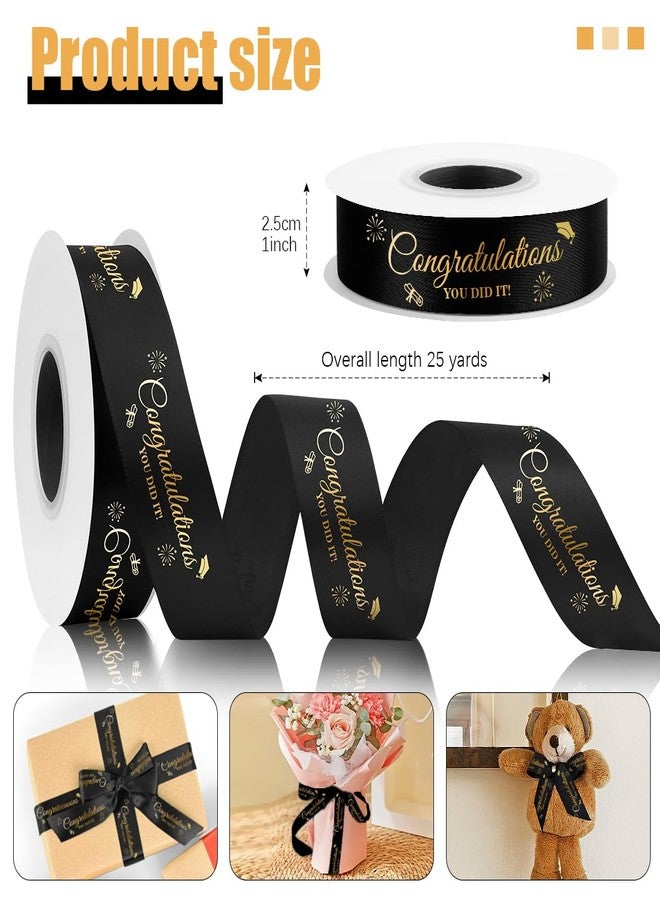 STARKET 2025 Graduation Ribbon 25 Yards Black Ribbon 1 Inch Congrats Grad Black and Gold Satin Ribons for Graduation Ribon Leis 2025 Gift Wrapping Grad Party Decoration Flower Bouquet - Image 3