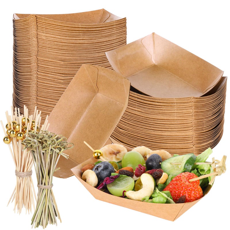 واحليلين 100 قطعة 12 رطل صواني طعام كرافت قابلة للتصرف صغيرة لصواني الشاركتوري بني مع أعواد صغيرة لأخذ الطعام لحفلات الزفاف والوجبات الخفيفة والبطاطس المقلية والناتشوز والتاكو والشواء