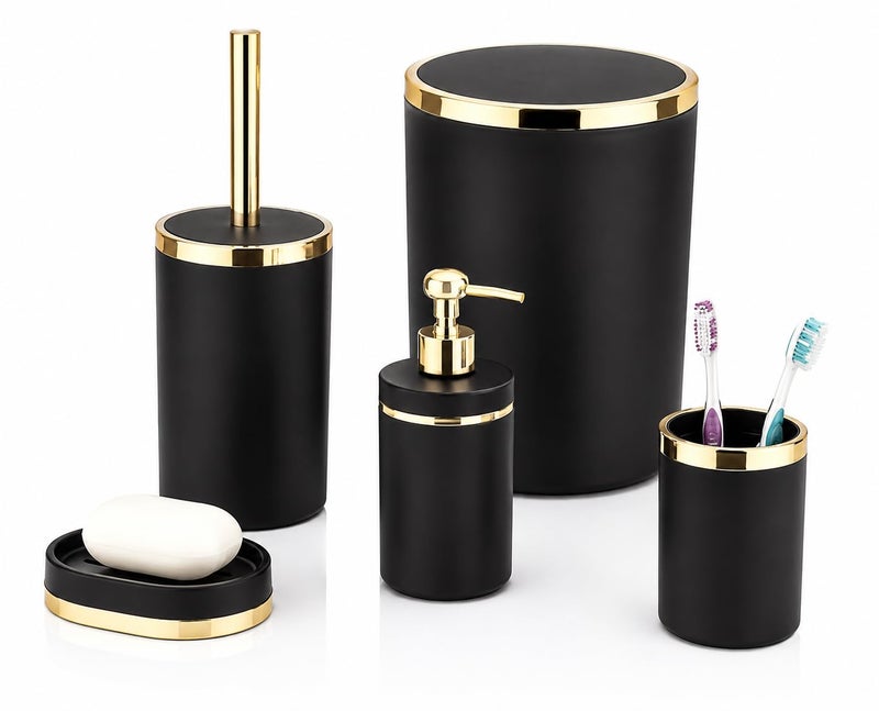 Luxury 5-Piece Bathroom Accessories Set - Elegant Modern Round Matte Black and Gold Vanity Ensemble Includes Wastebasket, Liquid Soap Dispenser, Toothbrush Holder, Soap Dish, and Toilet Bowl Brush - Image 1
