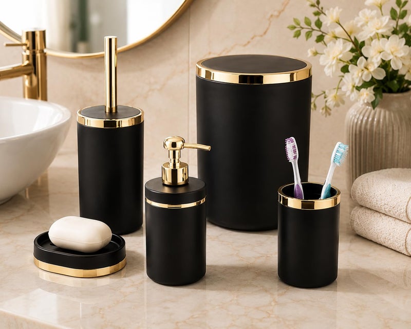 Luxury 5-Piece Bathroom Accessories Set - Elegant Modern Round Matte Black and Gold Vanity Ensemble Includes Wastebasket, Liquid Soap Dispenser, Toothbrush Holder, Soap Dish, and Toilet Bowl Brush - Image 2