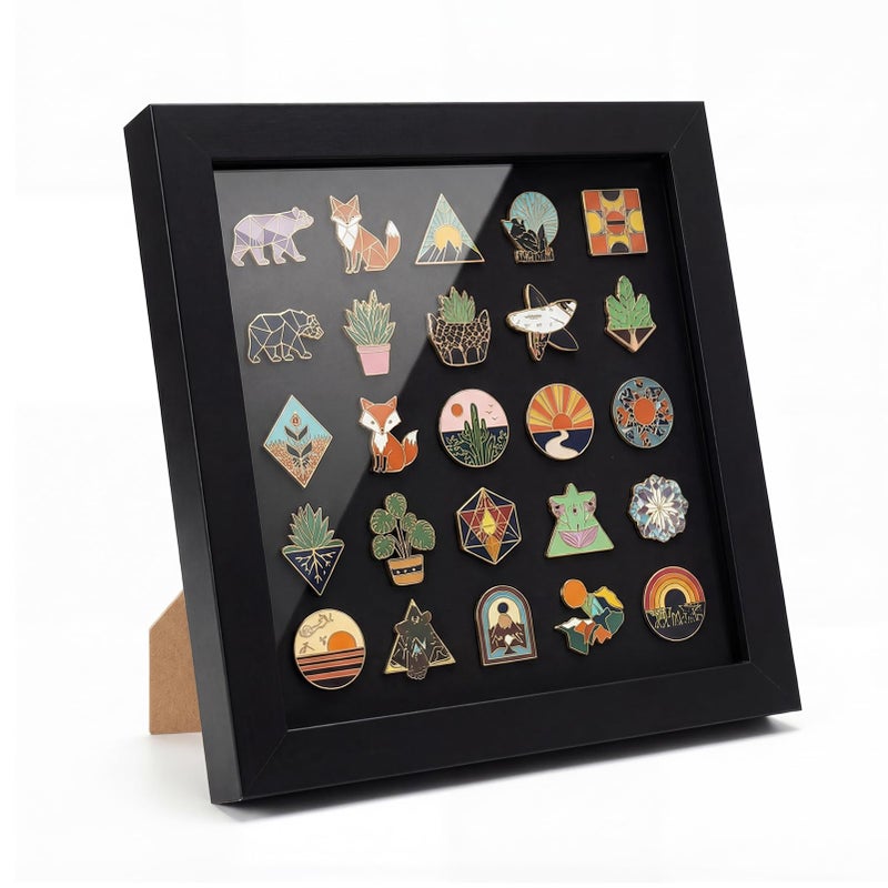 CRUGLA 11x11 Inch Black MDF Shadow Box Pin Display Case Set of 1, Wall and Desktop Enamel Pin Holder Collection Frame - Image 1