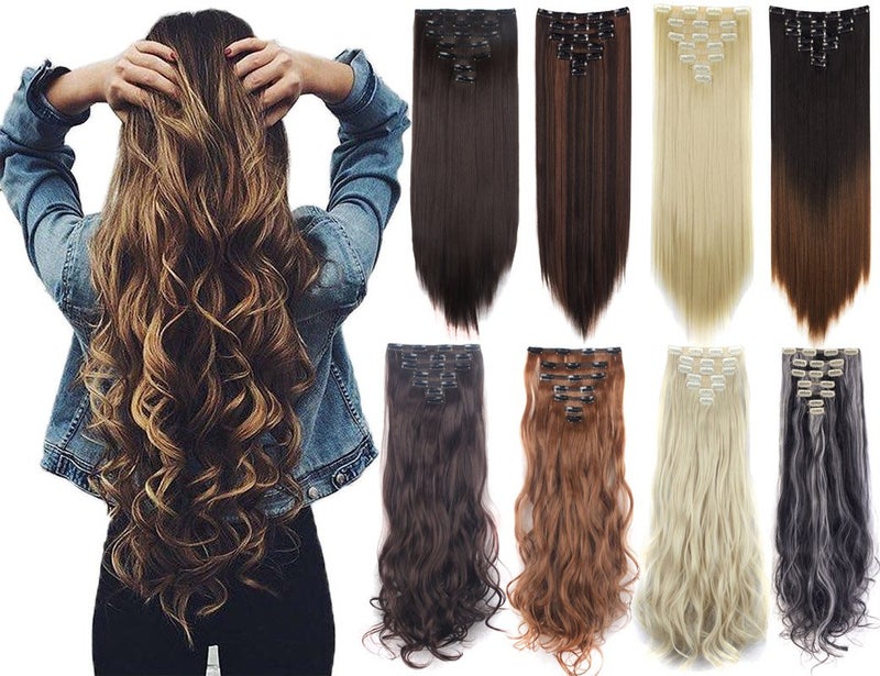 Lelinta 24 Thick Curly Full Head Clip in on Double Weft Hair Extensions Medium Brown