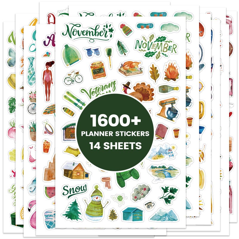 Shoparr Planner Stickers - 12 Monthly, 1600+ Multicolor Seasonal & Holiday Themed Stickers (14 Sheets, Paper Material, Rectangular Shape, Indoor Use, Planner Accessories) - Image 1