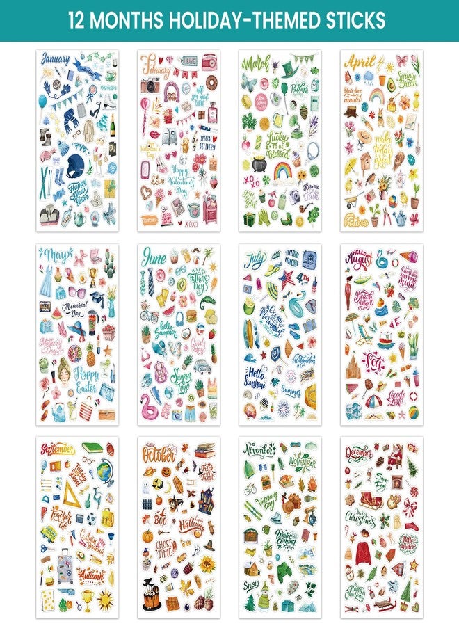 Shoparr Planner Stickers - 12 Monthly, 1600+ Multicolor Seasonal & Holiday Themed Stickers (14 Sheets, Paper Material, Rectangular Shape, Indoor Use, Planner Accessories) - Image 3