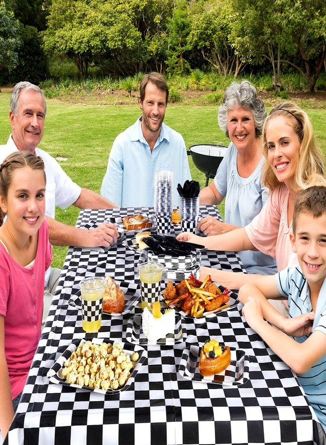 Potchen 352 Pcs Race Car Party Supplies Tableware Set Include 9 Inch 7 Inch Black and White Checkered Flag Paper Plates Napkins Plastic Cups Tablecloth Cutlery for Race Car Birthday Party Decoration - Image 5
