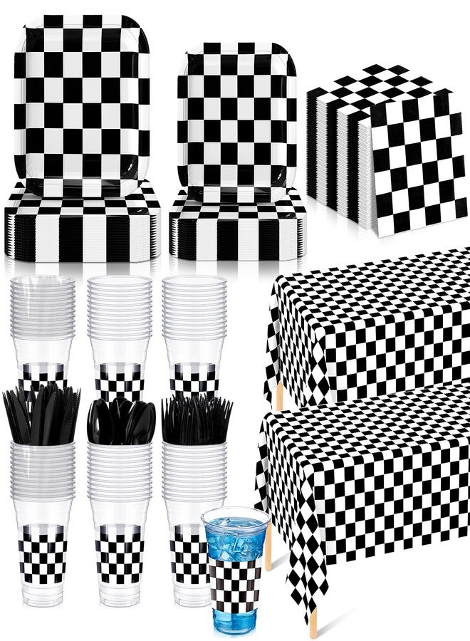 Potchen 352 Pcs Race Car Party Supplies Tableware Set Include 9 Inch 7 Inch Black and White Checkered Flag Paper Plates Napkins Plastic Cups Tablecloth Cutlery for Race Car Birthday Party Decoration - Image 1