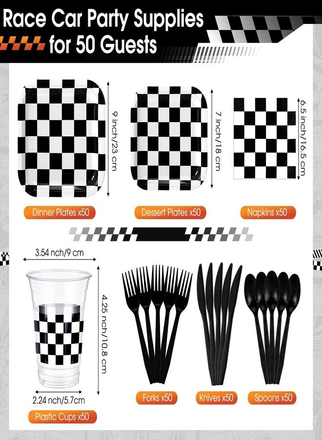 Potchen 352 Pcs Race Car Party Supplies Tableware Set Include 9 Inch 7 Inch Black and White Checkered Flag Paper Plates Napkins Plastic Cups Tablecloth Cutlery for Race Car Birthday Party Decoration - Image 2