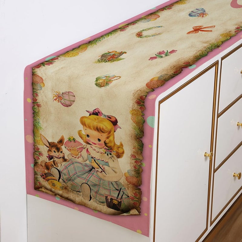 Racenaf Vintage Easter Table Runner Easter Decorations - Pink Vintage Style Rabbit and Girl Happy Easter Spring Home Kitchen Dining Table Decor, Spring Party Decorations 13x72 Inch - Image 5