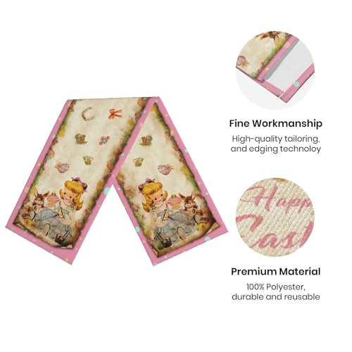 Racenaf Vintage Easter Table Runner Easter Decorations - Pink Vintage Style Rabbit and Girl Happy Easter Spring Home Kitchen Dining Table Decor, Spring Party Decorations 13x72 Inch - Image 3