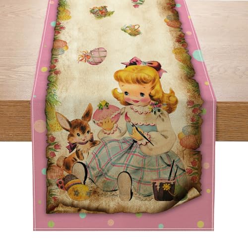 Racenaf Vintage Easter Table Runner Easter Decorations - Pink Vintage Style Rabbit and Girl Happy Easter Spring Home Kitchen Dining Table Decor, Spring Party Decorations 13x72 Inch - Image 1