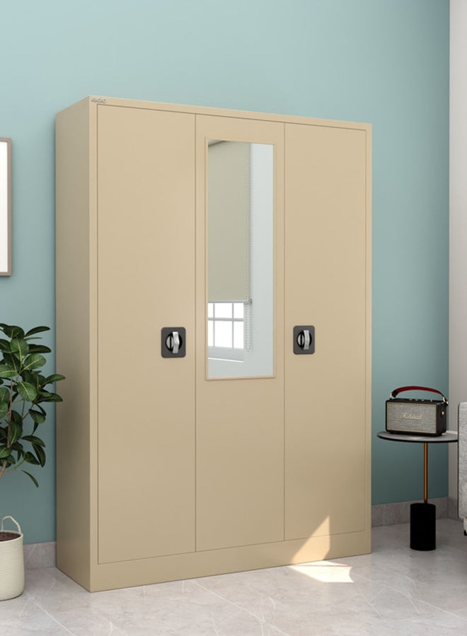 RIGID 3-Door Home Cupboard with Hanging Rod, Organizer Shelves, Lockable Doors & Full Mirror Steel Wardrobe Storage Cabinet for Bedroom, Living Room (Beige, 47D x 125W x 180H CM) – Assembled - Image 1