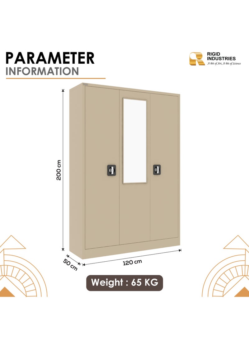 RIGID 3-Door Home Cupboard with Hanging Rod, Organizer Shelves, Lockable Doors & Full Mirror Steel Wardrobe Storage Cabinet for Bedroom, Living Room (Beige, 47D x 125W x 180H CM) – Assembled - Image 2