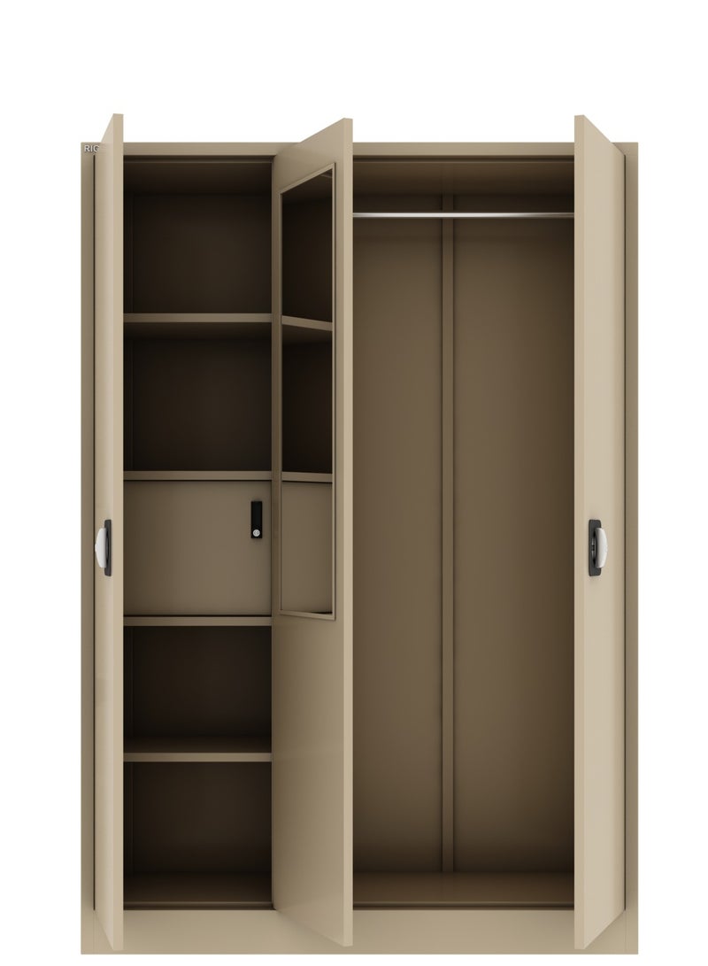 RIGID 3-Door Home Cupboard with Hanging Rod, Organizer Shelves, Lockable Doors & Full Mirror Steel Wardrobe Storage Cabinet for Bedroom, Living Room (Beige, 47D x 125W x 180H CM) – Assembled - Image 5